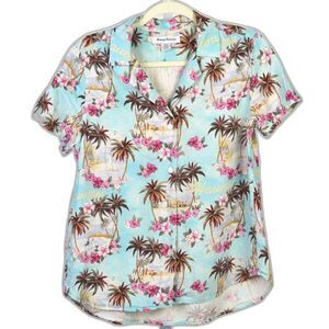 Tommy Bahama Greetings From Hawaii Silk Camp Shirt Blue Hibiscus Size S